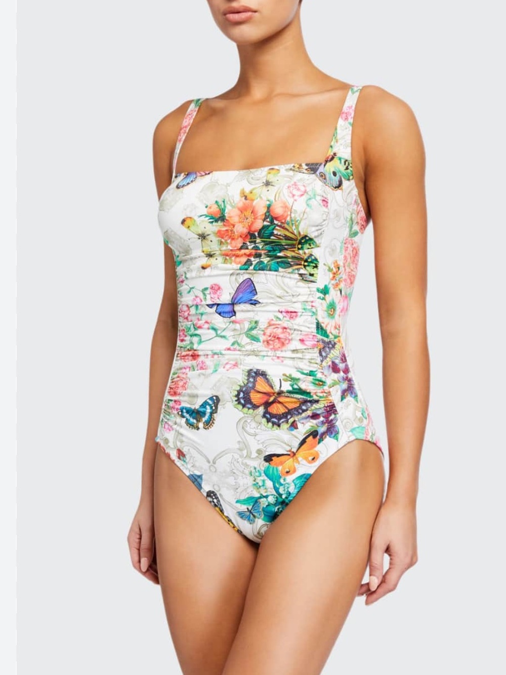 Johnny Was White Floral & Butterfly Ruched swimsuit